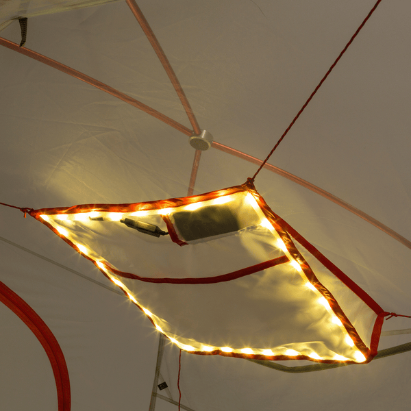 mtnGLO Tent Gear Loft Fastened To Tent Ceiling With Lights Lit Up